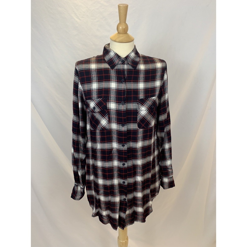 BB Dakota Tunic Button Down Shirt Blue Red White Plaid Top Preppy Classic‎